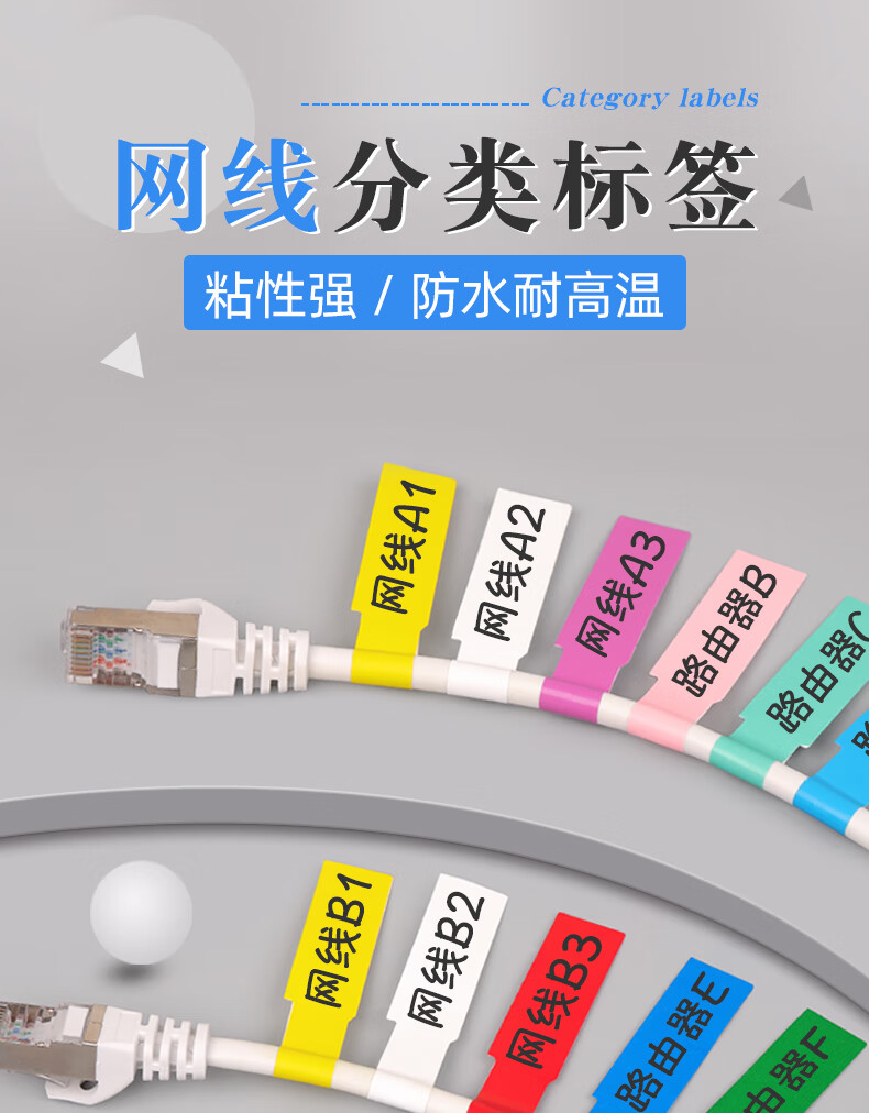 冷溪彩色网线标签贴纸p型数据线不干胶标签贴机房电源线路充电线收纳
