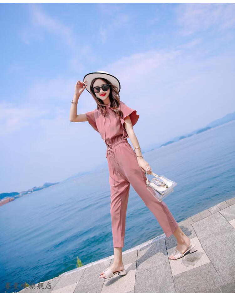 春夏天雪纺连体裤连体裤女可爱小个套装高腰深档休闲连衣裤 粉色 xl