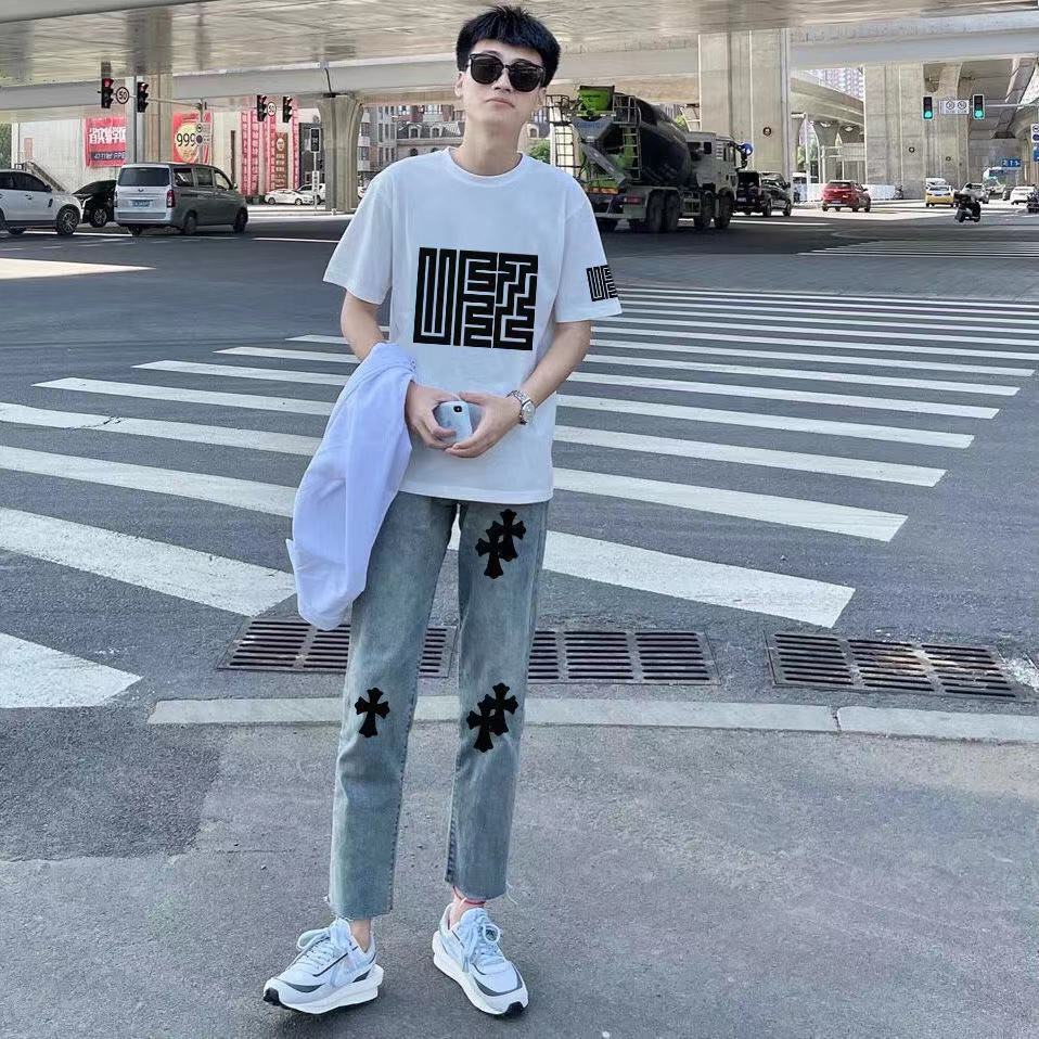 沾酱男装牛仔裤套装纯棉短袖恤男夏潮流社会精神小伙十字架牛仔裤迷宫