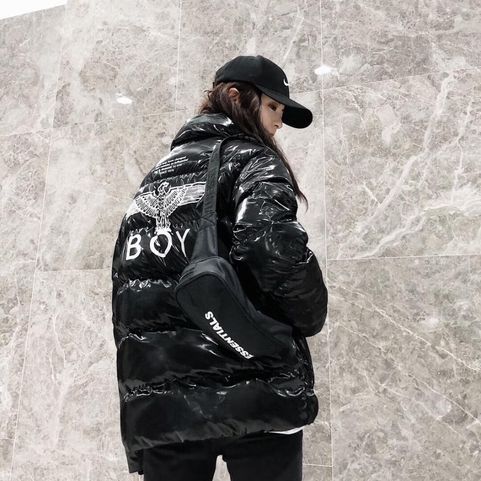 century boy潮牌boy亮面羽绒服女高领冬季外套男情侣新款老鹰印花保暖