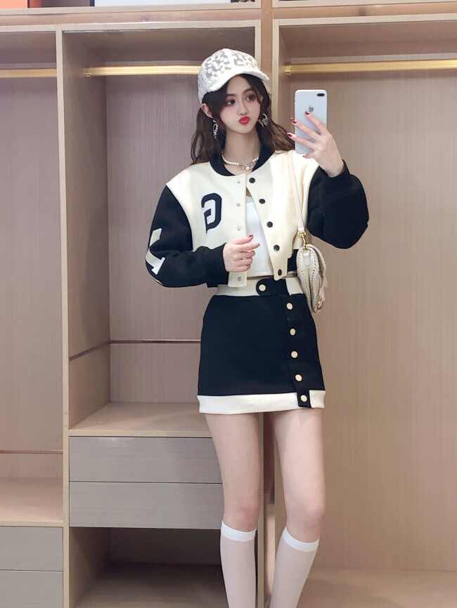 罗蒙romon休闲时尚甜美套装裙女2022春新款棒球服外套高腰短裙半身裙