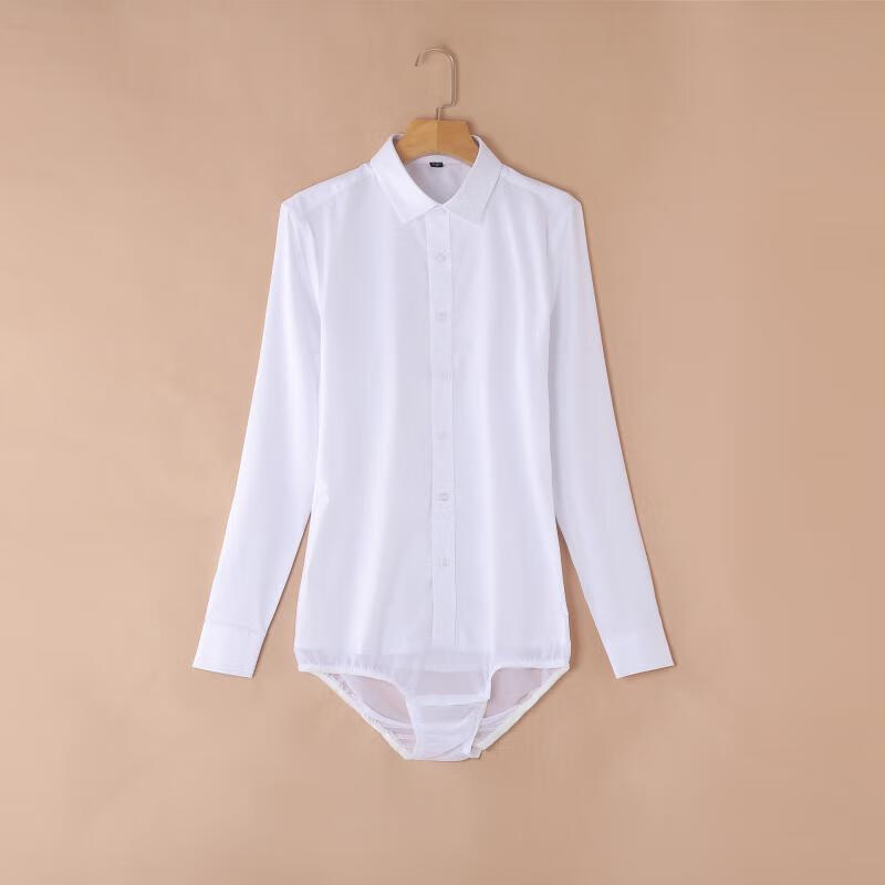 连裆跳舞的衬衫男士连体弹力长袖白色连档衬衣职业工作装跳舞舞蹈表演