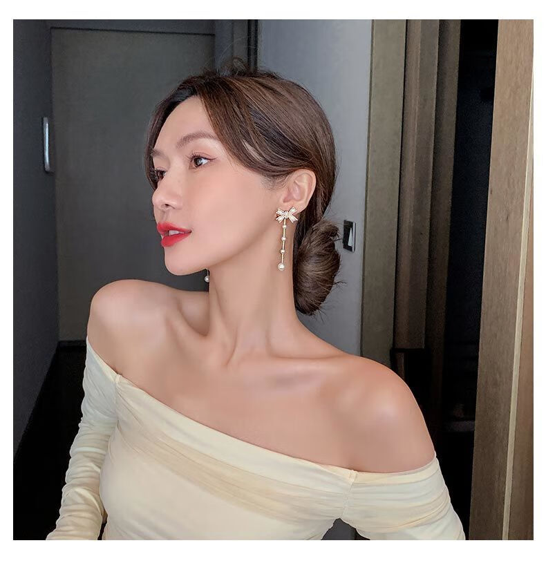 蝴蝶结耳环女2022新款秋冬气质感流苏珍珠耳饰显脸瘦耳钉一款两戴式主