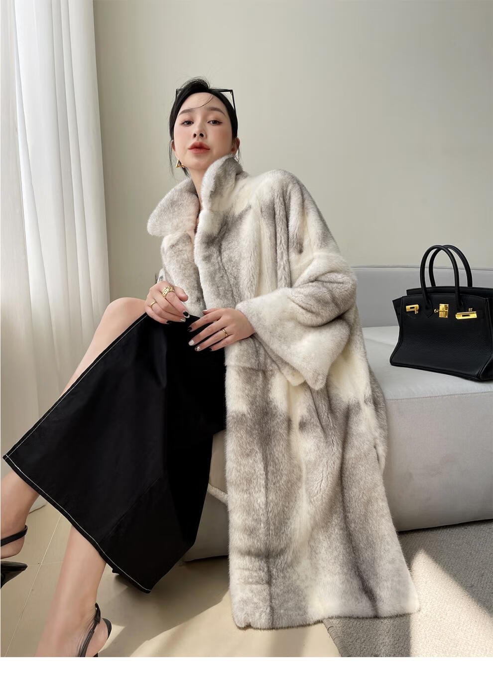 女装貂皮大衣女冬季新款十字貂中长款宽松水貂皮草外套 珍珠色(预售)