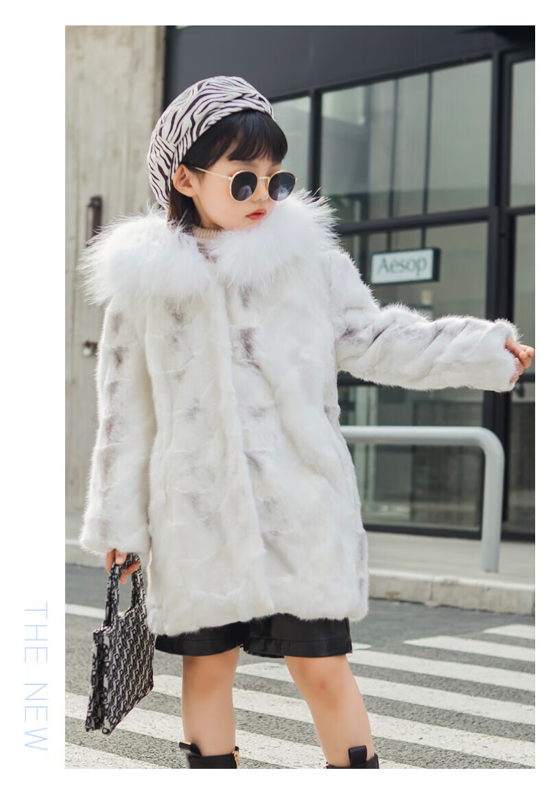 迪士尼【高端轻奢】儿童皮草貂皮大衣女童天鹅绒十字貂中长款水貂毛拼