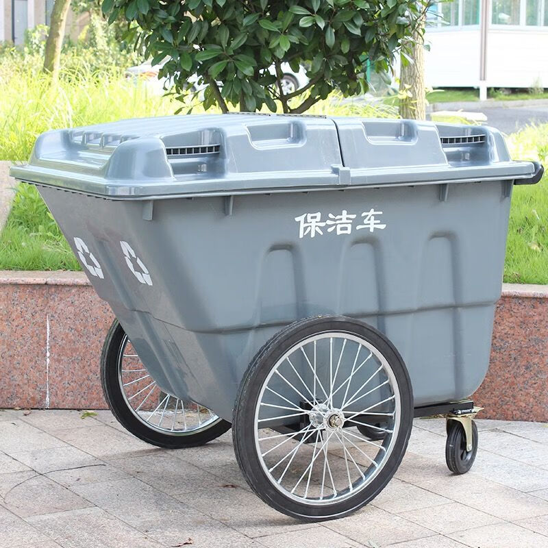 400l保洁车手推塑料环卫垃圾车 大号户外垃圾桶市政物业垃圾清运车 单