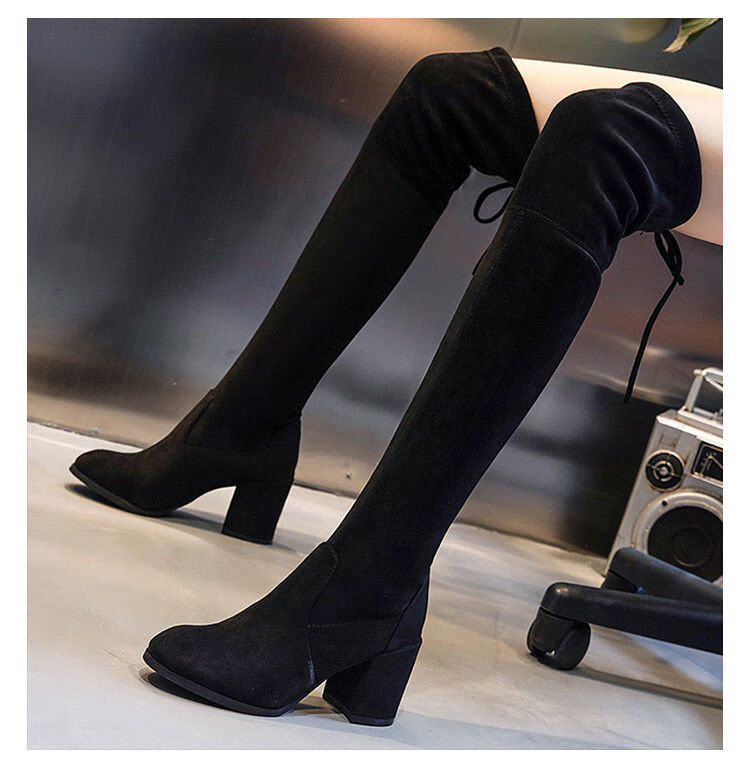 长靴女2021秋冬新款高跟鞋女过膝显瘦弹力粗跟高筒尖头瘦瘦女靴子黑色