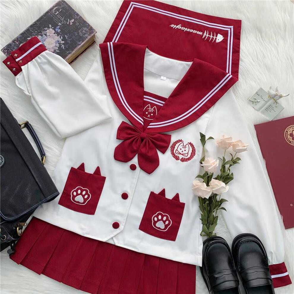 【神北jk】原创 软喵 正版可爱幼稚园jk制服酒红色长袖水手服套装 (软