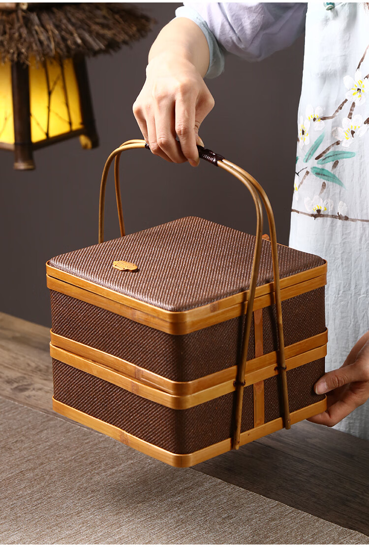 赤槿高档轻奢 送朋友同事同款纯手工藤编多层复古食盒点心盒竹编双层