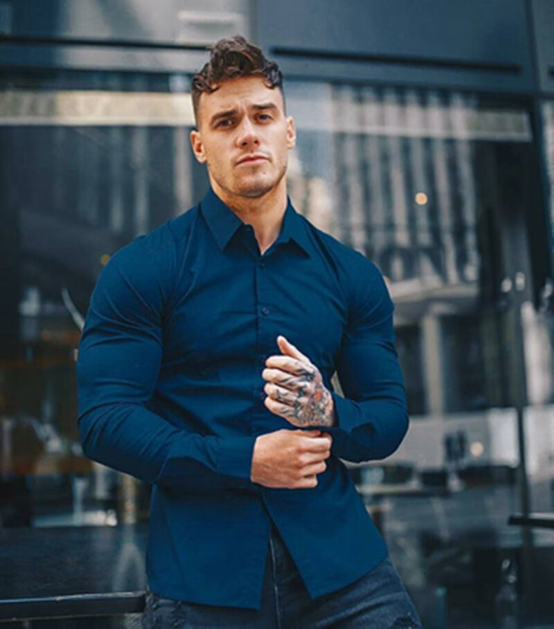 肌肉男士兄弟运动衬衫跑步训练商务型男高弹力长袖修身男健身衬衣黑条