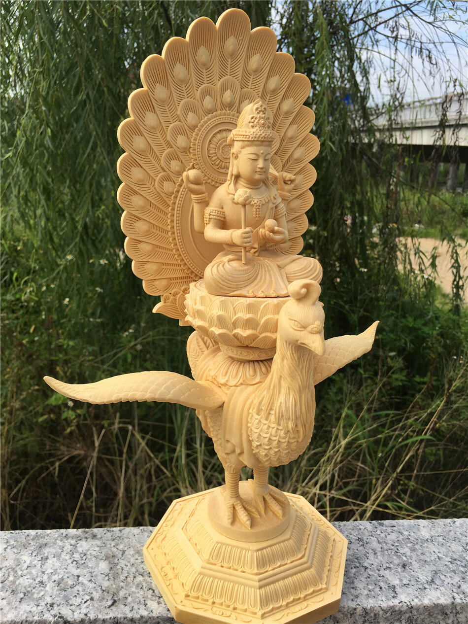 桧木木雕孔雀明王佛像摆件大明王言宗佛母密宗金刚菩萨雕刻供奉 孔雀