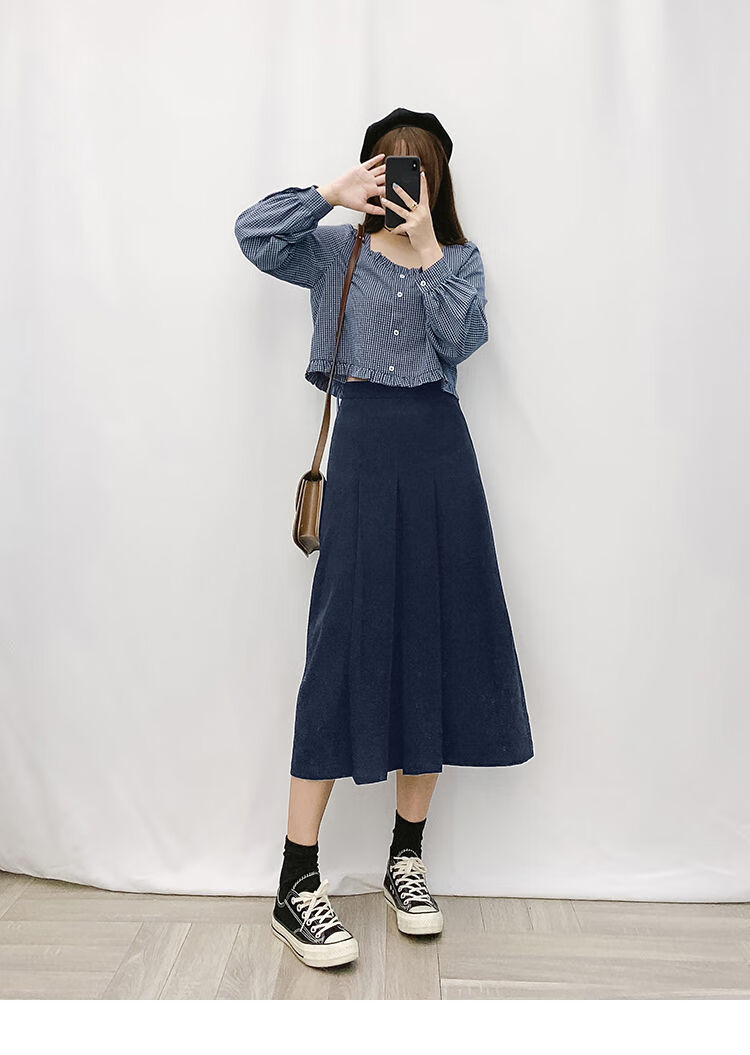 2021秋季加码女装长袖格子衬衫半身裙套装宽松格子衬衫长袖l100120斤