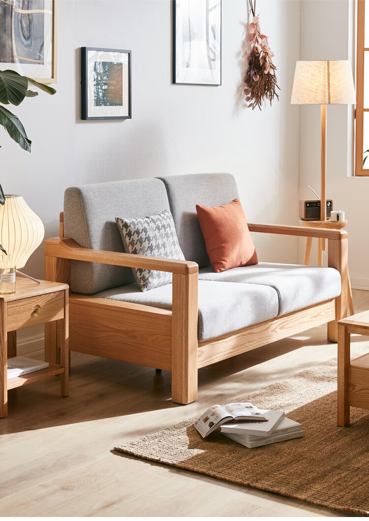 林氏木业北欧现代简约实木布艺沙发橡木布结合原木风客厅家具cr4k