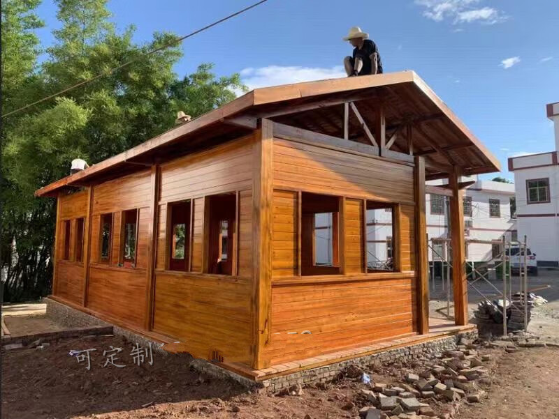 中式防腐木屋碳化实木庭院别墅复古岗亭木房子售货亭室外茅草小屋款式