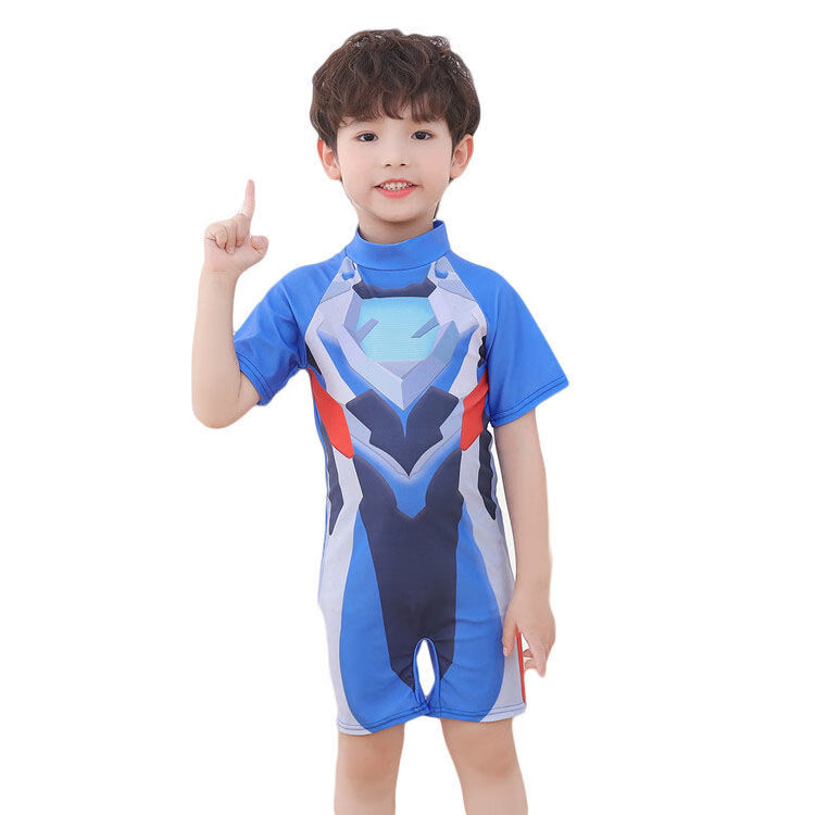 特利迦奥特曼泳衣男童游泳衣儿童泳装连体短袖宝宝防晒中小童男孩泳衣