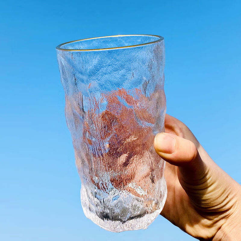 玻璃杯高颜值杯子网红简约小众冰川纹不带把水杯家用夏日 高款冰纹杯