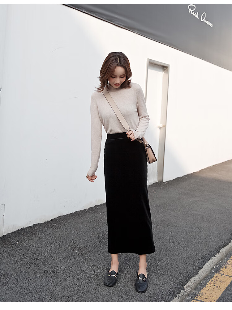 轻奢春秋复古女装金丝绒半身裙开叉直筒气质百搭包臀裙中长款一步裙黑