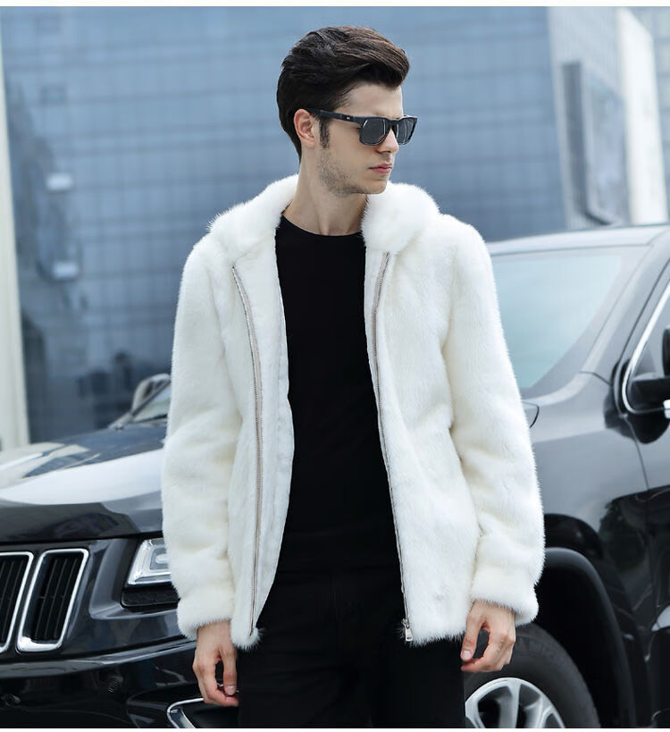 男仿水貂皮草貂皮大衣男外套海宁皮草男秋冬仿整貂白色连帽仿皮草男装