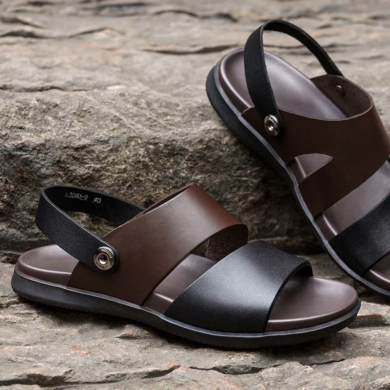 男士凉鞋皮夏季新款沙滩鞋防滑拖鞋中年软底黑色a款38