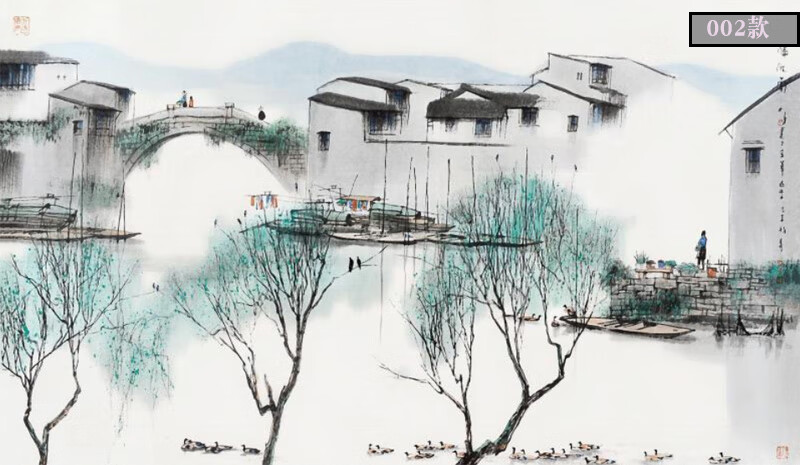 宝阁丽 中式水墨山水风景书房茶室壁纸壁画江南水乡餐厅包厢背景墙纸