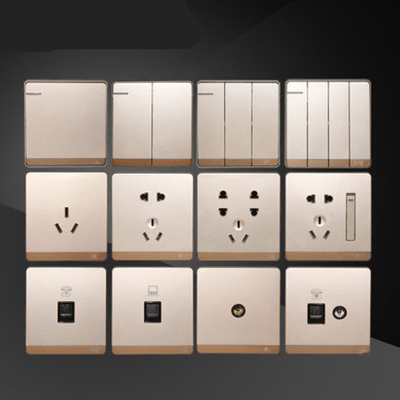 佛山照明开关插座f11面板86型暗装家用墙壁五孔金色二三插带开关f11