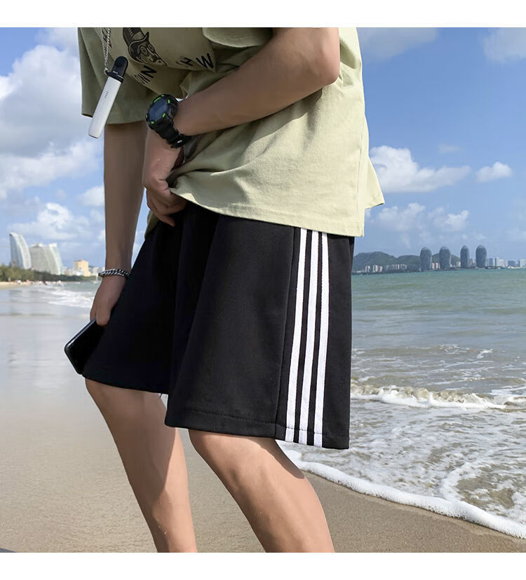 广马休闲短裤男港风三条杠潮流ins情侣沙滩裤夏季新款宽松运动五分裤