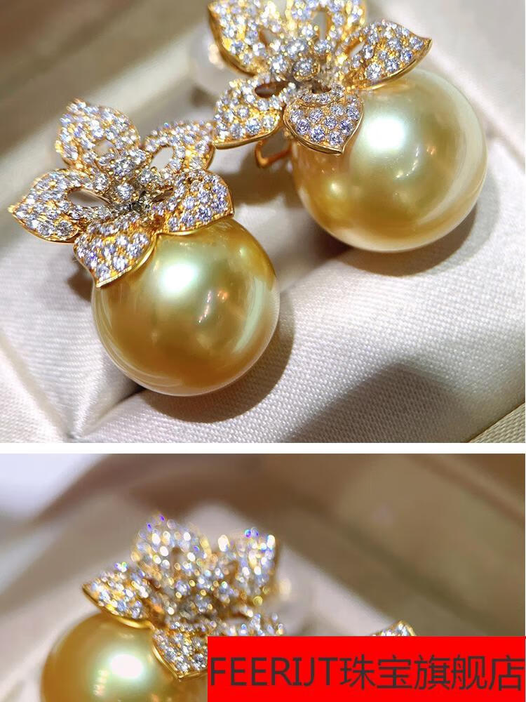 feerijt品牌生日礼物新款南洋金色珍珠耳环正圆无瑕大颗粒耳饰银耳钉