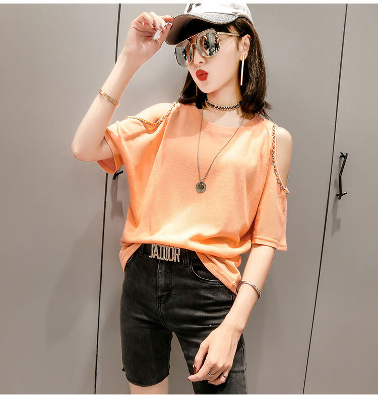 夏季露肩短袖宽松露肩t恤女短袖2022夏季新款钉珠洋气漏肩上衣显瘦