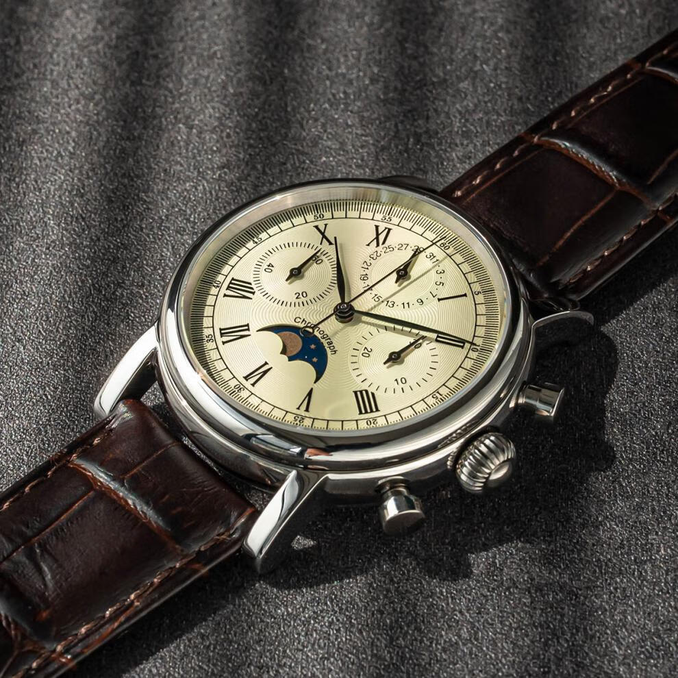 海鸥手表 鹅颈机芯月相码表手动机械日历多功能蓝宝石1908复古男表