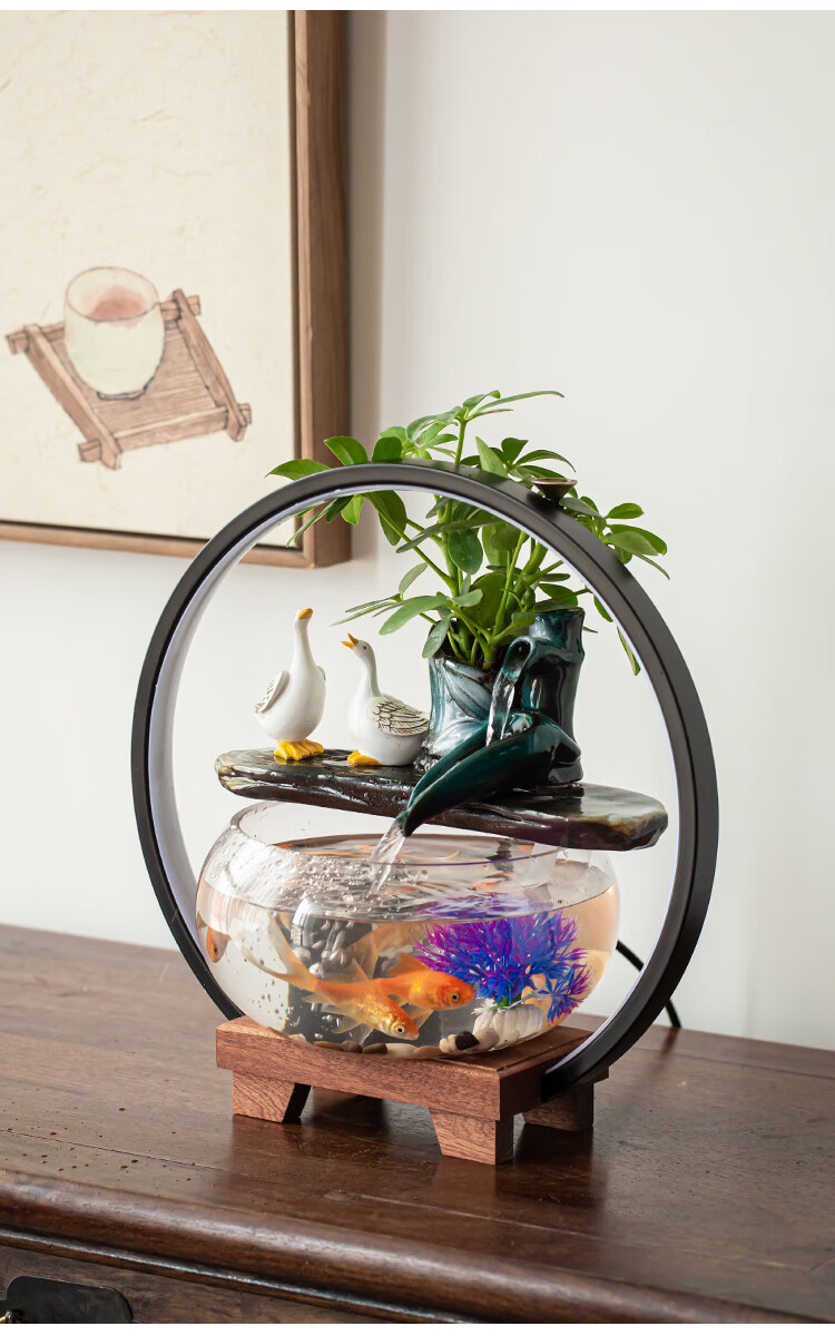 创意玻璃金鱼缸客厅桌面循环流水摆件小型家用鱼缸迷你养鱼盆京闪配送