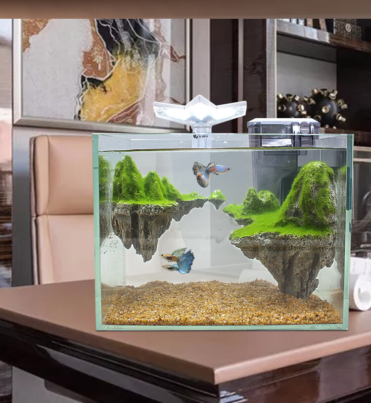 鱼缸大悬浮石 天空之城造景小型白玻璃桌面鱼缸客厅家用悬浮石头生态