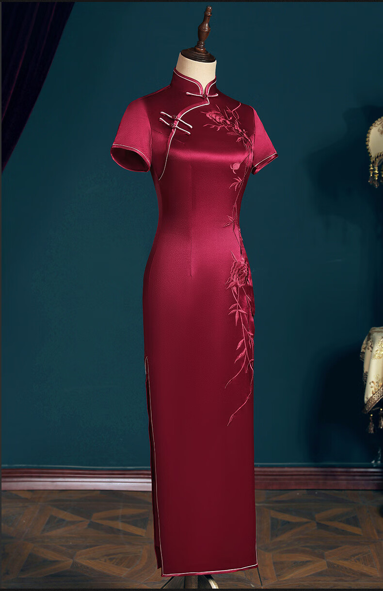 婚宴妈妈旗袍长款改良醋酸缎旗袍2022年新款春夏高端喜婆婆丈母娘旗袍