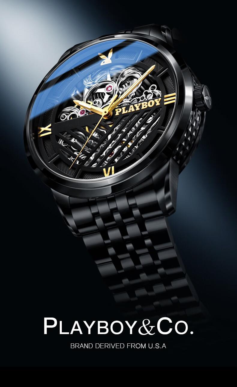 花花公子playboy手表男机械全自动机械表镂空钢带夜光防水腕表男士全