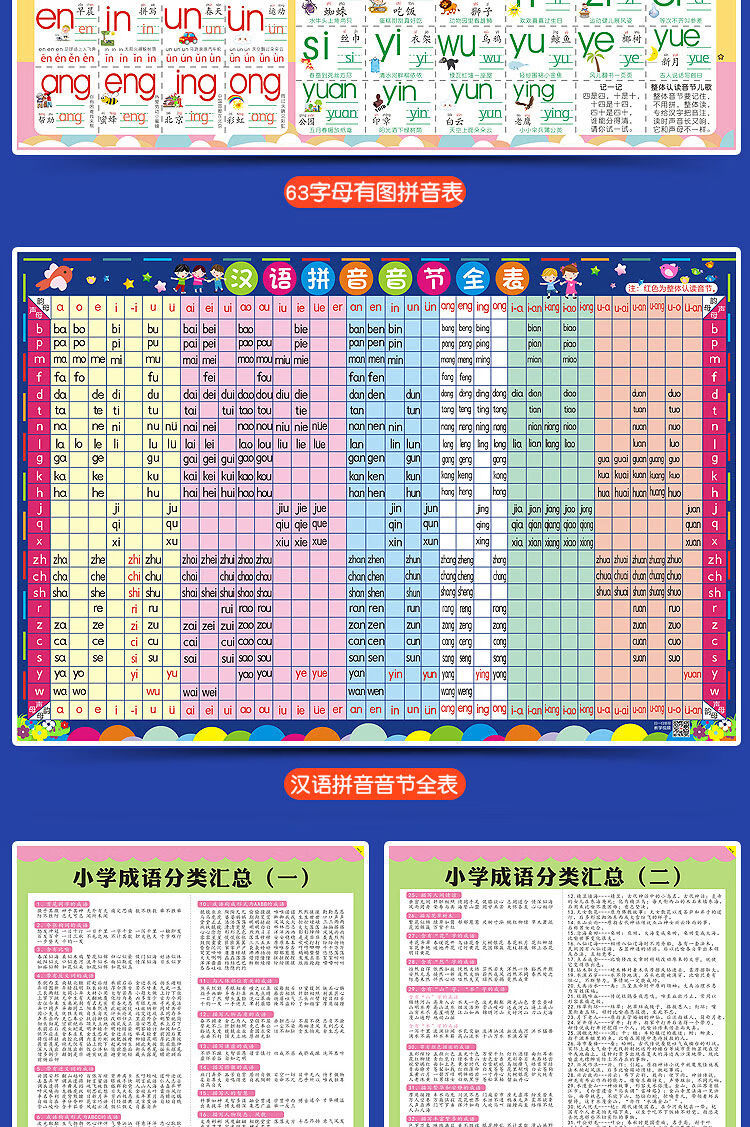 一年級漢語拼音字母表牆貼小學生拼讀音節聲母韻母全表幼兒園全套