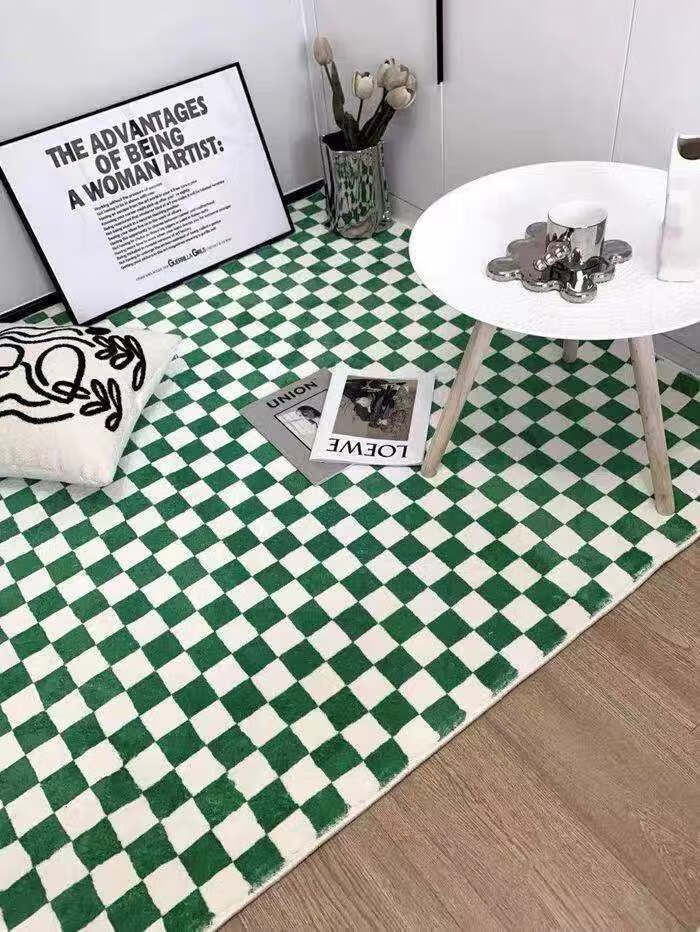 澳颜莱棋盘格客厅茶几地毯绿白格子现代简约ins风摩洛哥复古我是床边