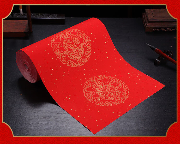 加厚万年红洒金长卷宣纸半生半熟大红色100米春联手写对联冷金纸乐学