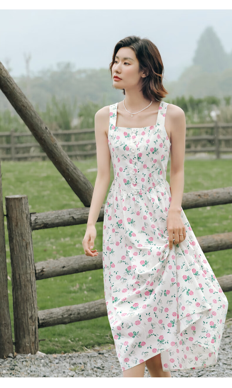 弥古新款粉色碎花吊带裙法式方领连衣裙感女夏无袖背心裙长裙 露水