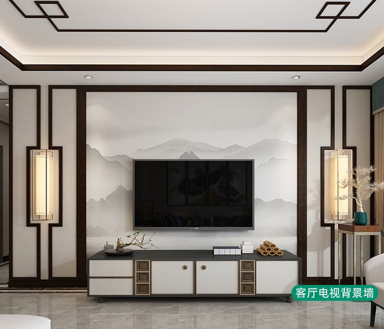 新中式边框红木色实木烤漆电视背景墙造型边框吊顶装饰平板木线条红