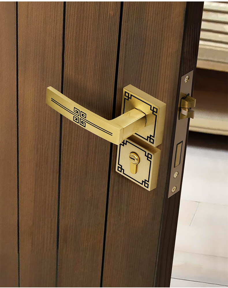 纯铜门锁卧室室内新中式静音型磁吸门把手铜拉丝全铜房门锁具 黄古铜