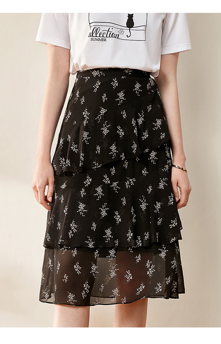 碎花半身裙女夏2020新款韩版宽松中长款高腰显瘦百褶a字裙f0732黑色xl