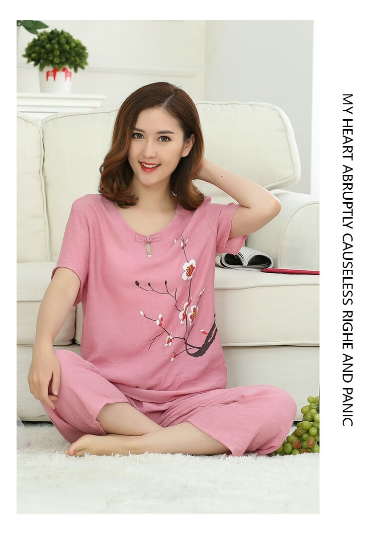 夏棉麻中年妈妈睡衣短袖薄棉绸中老年人家居服大码套装女棉麻睡衣7002