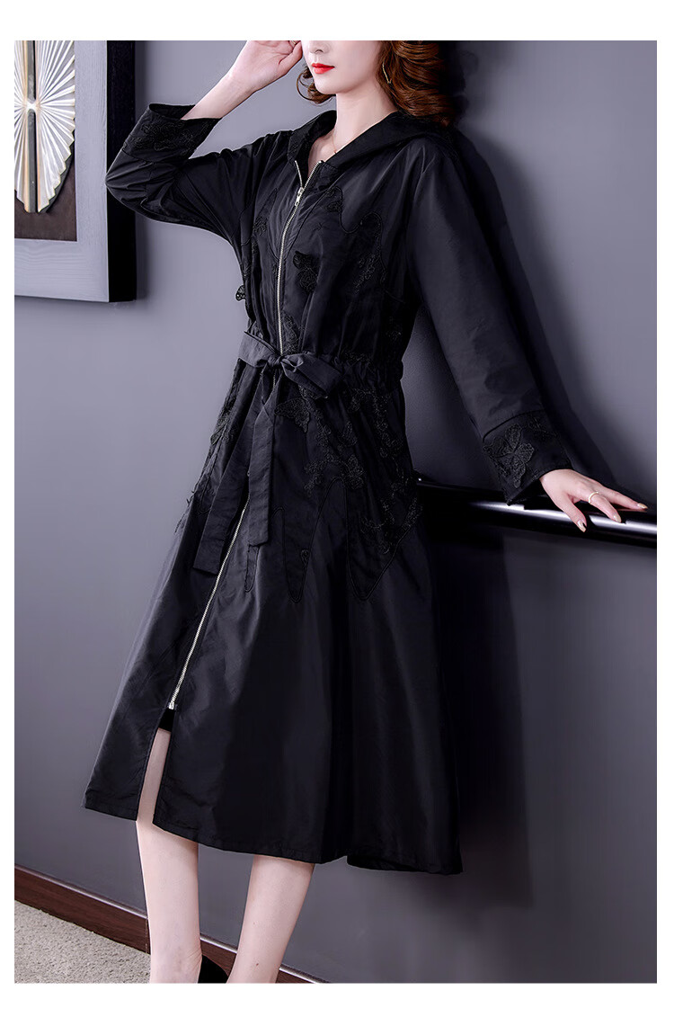 沫筱雪女装风衣外套女2022秋季新款女装刺绣连帽宽松显瘦中长款外套