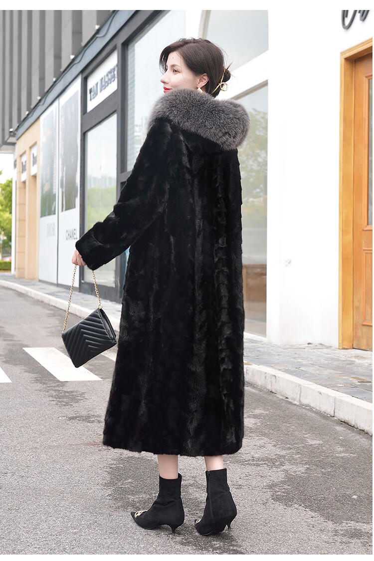 大衣女长款连帽水貂毛拼貂女装外套海宁皮草批发新款裘皮冬银兰色狐狸