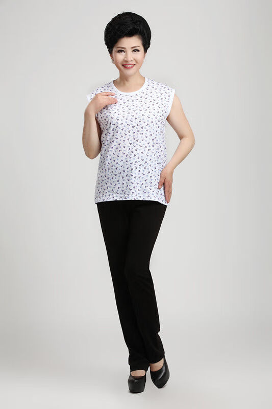 衷黎菊花牌汗衫背心中老年人白色纯棉女吊带背心印花夏季女士无袖汗衫