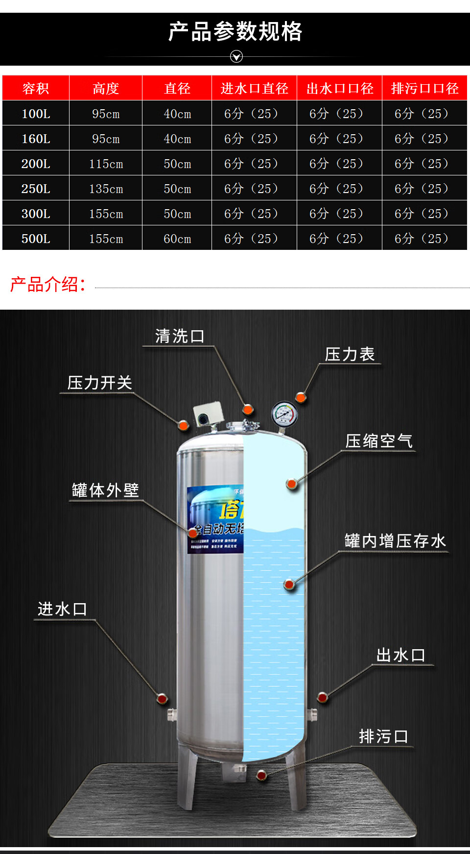 304食品级压力罐家用全自动无塔供水器不锈钢水塔水箱储水器自来水