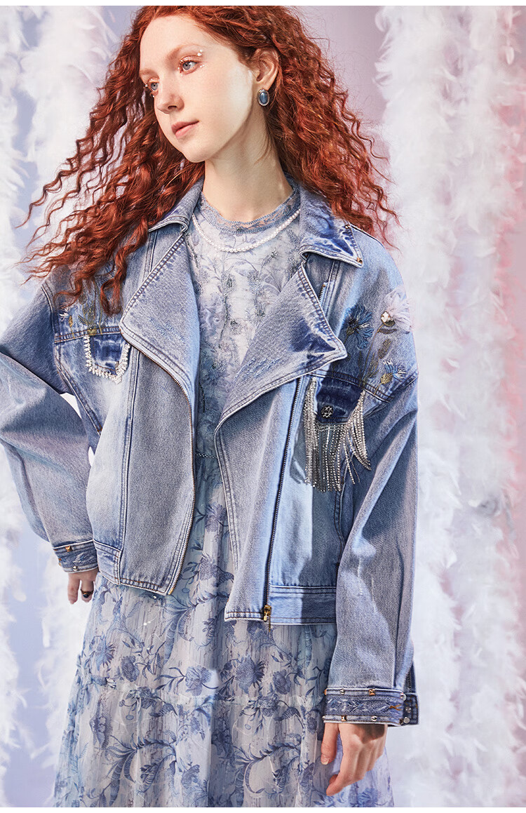 莲灿2021春新浪漫手工刺绣铆钉流苏链条翻领短牛仔外套女 牛仔蓝 l