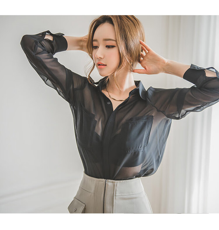 薄款透气半透明衬衫女女衫春夏装2020新款黑色衬衣透视性感宽松网纱