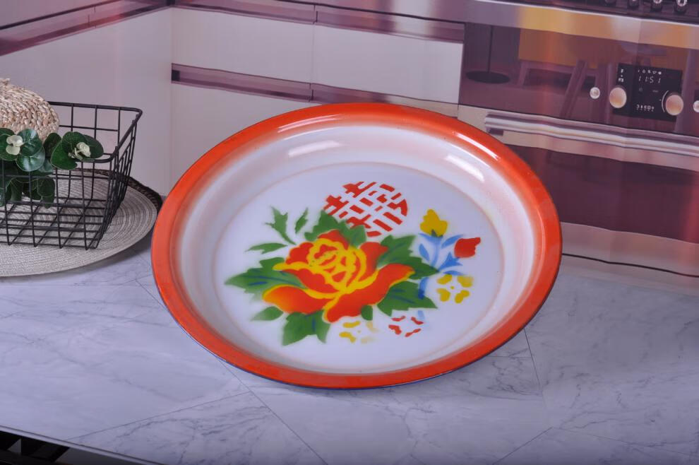 大盘鸡盘子加厚款老式搪瓷茶盘家用菜盘大盘鸡搪瓷盘怀旧圆盘婚庆茶具