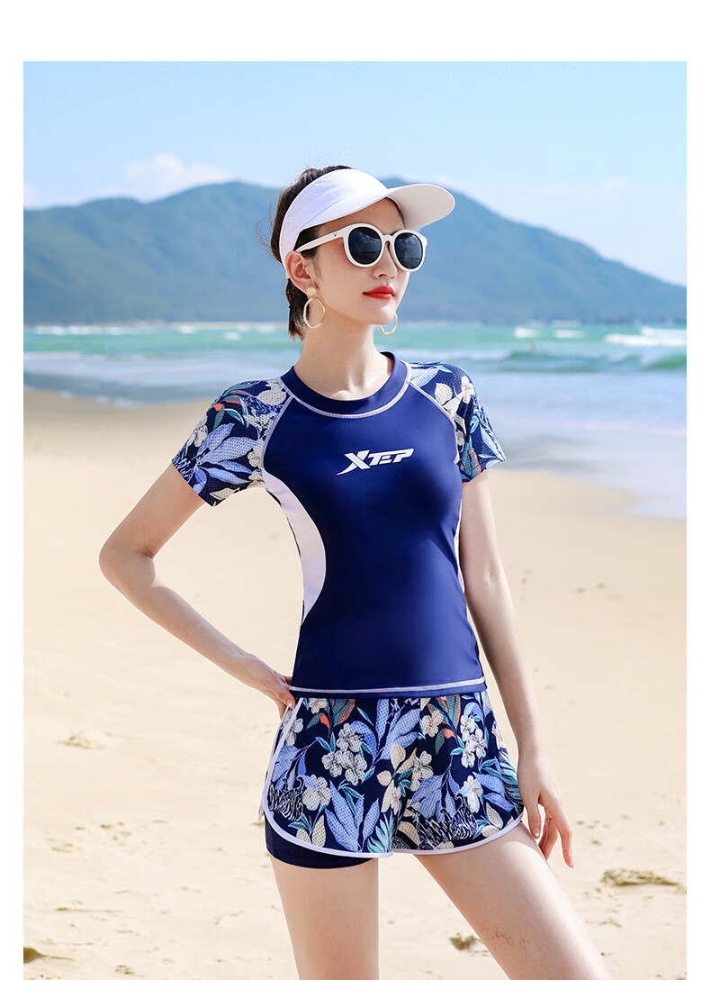 特步泳衣女分体保守学生平角两件套2022新款时尚遮肚显瘦温泉泳装 深