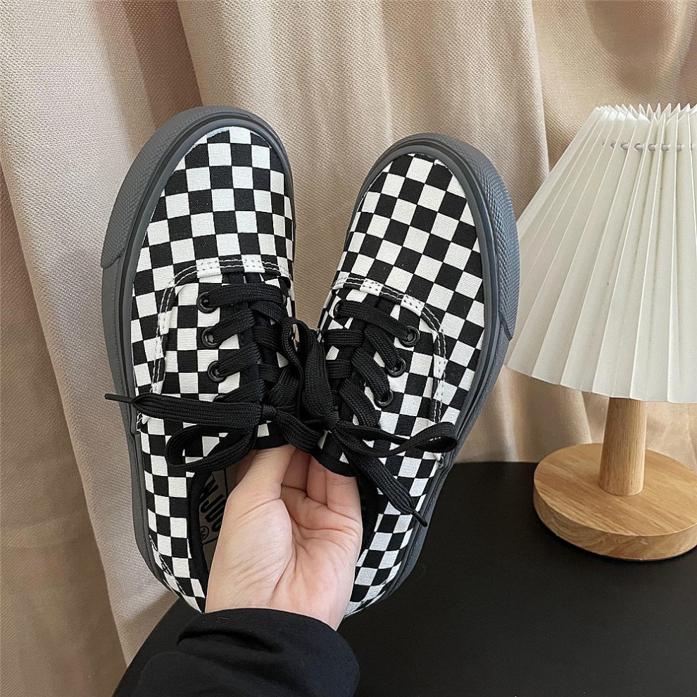 棋盘格鞋黑白棋盘格子帆布鞋女秋季低帮休闲板鞋韩版百搭情侣鞋子潮男